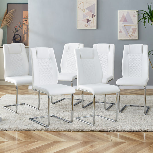 Modern Dining Chairs with Faux Leather Padded Seat Dining Living Room Chairs Upholstered Chair with Metal Legs Design for Kitchen, Living, Bedroom, Dining Room Side Chairs Set of 6 (White+PU )C-001