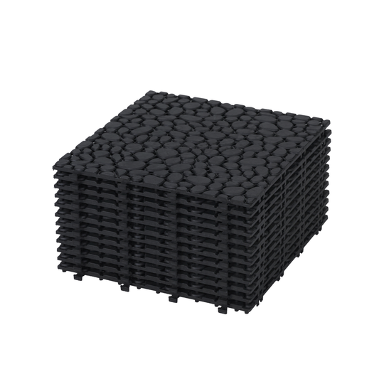 12 x 12 Inch Black Interlocking Deck Tiles Plastic Waterproof Outdoor All Weather Anti-slip Bathroom Shower Balcony Porch Strong Weight Capacity Upto 440 LBS, Pebble Stone Pattern Pack of 12