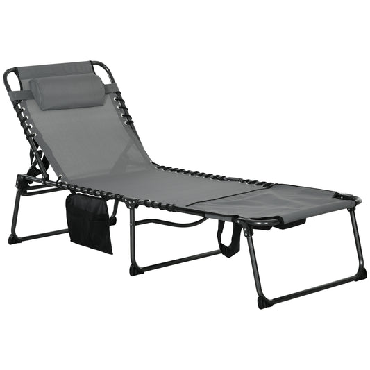 ,Outsunny Folding Chaise Lounge with 5-level Reclining Back, Outdoor Tanning Chair with Reading Face Hole, Outdoor Lounge Chair with Side Pocket & Headrest for Beach, Yard, Patio, Gray