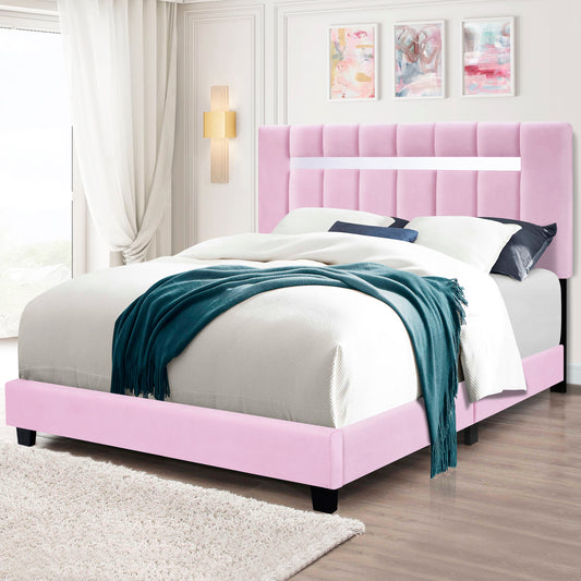 Pink Velvet Upholstered Bed Frame with Adjustable Features, Teenage Girl's Favorite Pink Collection.