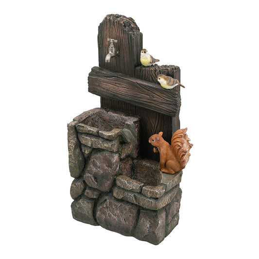 15x14.1x26.4' Decorative Two-Tiered Water Fountain with Woodland Animal Design, Outdoor Fountain with Light and Pump