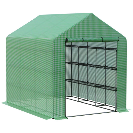 Walk-in Greenhouse for Outdoors with Roll-up Zipper Door, 18 Shelves, PE Cover, Small & Portable Build, Heavy Duty Humidity Seal, 95.25' x 70.75' x 82.75', Green