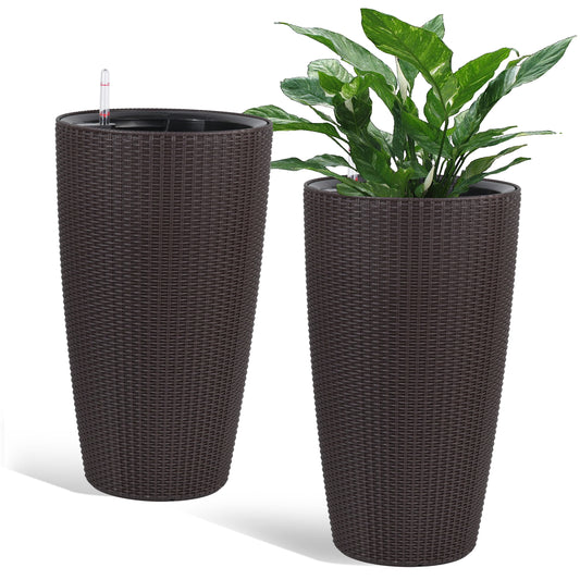 Indoor/Outdoor Modern The appearance is made of imitation rattan Design Planter,22.5 inch Brown Plastic Large Plant Pot With Automatic Watering System for Home and Garden  (Brown, 22.5 inch - 2 Pack)