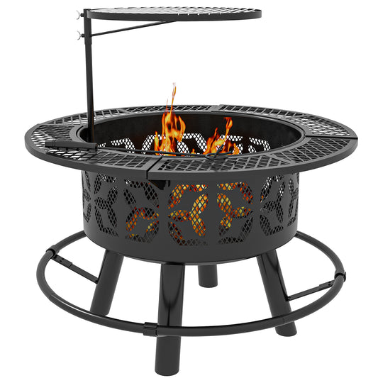 Outsunny 2-in-1 Fire Pit, BBQ Grill, 33' Portable Wood Burning Firepit with Adjustable Cooking Grate, Pan and Poker, Camping Bonfire Stove for Backyard, Patio, Picnic, Black