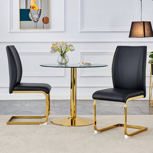 Luxury Simple Arch Chair - Set of 2 BLACK PU Material High Resilience Dining Chair with Arched Metal Gold Leg.