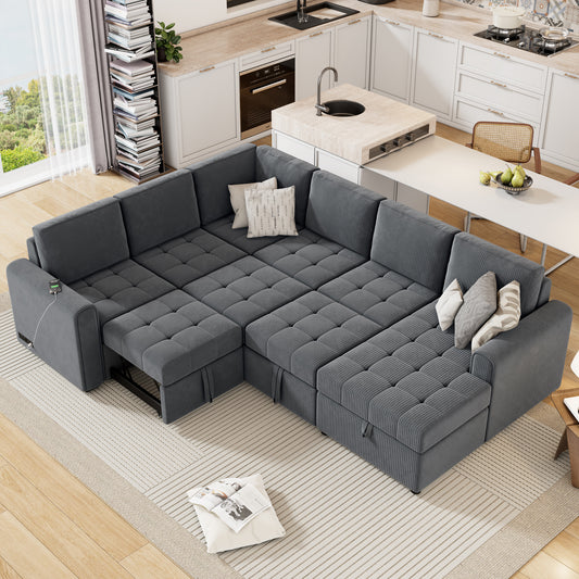 107.5' U-shaped Sofa Sectional Sofa Pull-out Sofa bed with a Storage Chaise Lounge, Charging Devices for Living Room, Gray