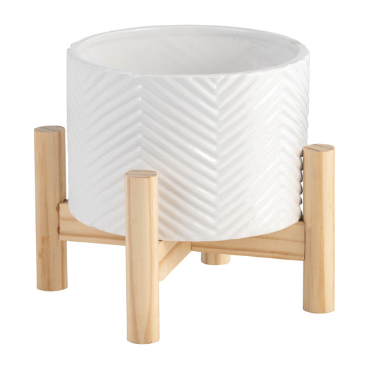 6' CERAMIC CHEVRON PLANTER W/ WOOD STAND, WHITE