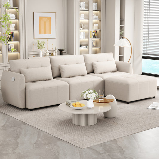 113.3' Convertible Sectional Sofa Couch 3-Seat L-Shaped Sofa with Movable Ottoman and  USB for Apartment, Living Room, Bedroom, Beige