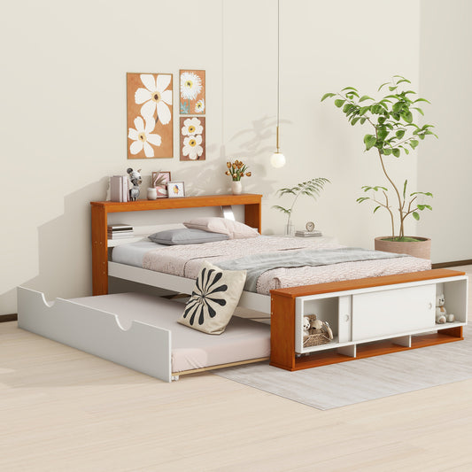 Full Size Platform Bed with Trundle,Storage Headboard and Footboard,USB Charging Design,White+Natural