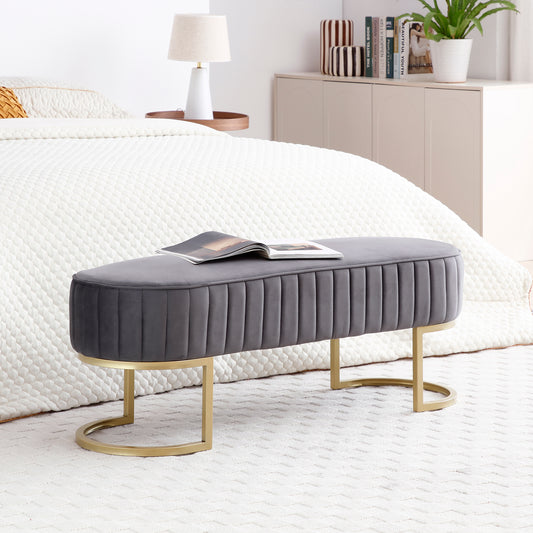 Bench Bedroom Bench ,Velvet Oval Upholstered End of Bed Bench with Golden Metal Legs ,48' Modern Storage Ottoman Bench for BedroomLiving Room,  Entryway Window ,Grey