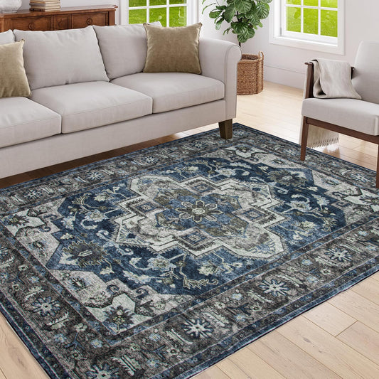 Area Rug 5x7 Vintage Bohemia Non-slip Washable Rug For Living Room Kitchen Bedroom Living Room Flower Design Blue/Brown