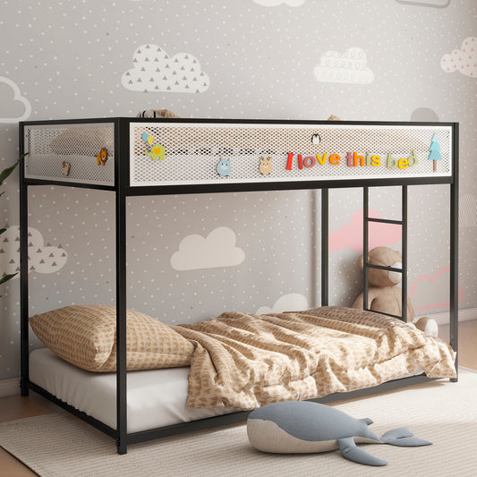 Adam Twin Twin Bunk Bed Metal Black with White Mesh Guard Rail for Kids and Adult, Low Profile and Easy Climbing with Stable Ladder