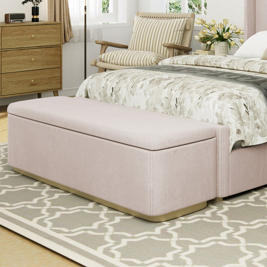 59.1' Corduroy Upholstered Storage Ottoman with Vertical Stripe Design, End of Bed Bench, for Bedroom and Living Room,Pink