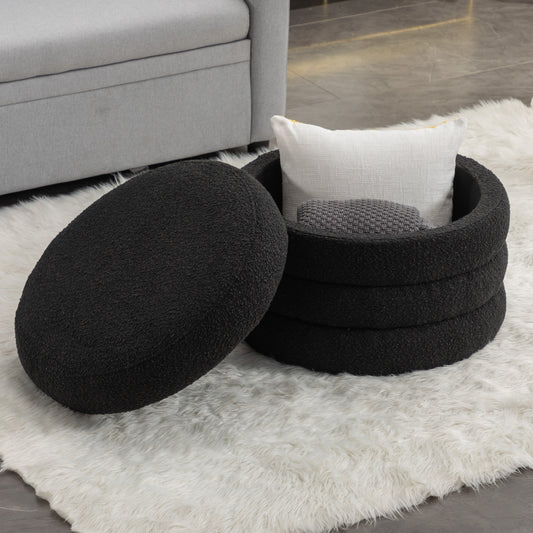 007-Boucle Fabric Storage Round Ottoman Footstool With Wooden Shelving,Black