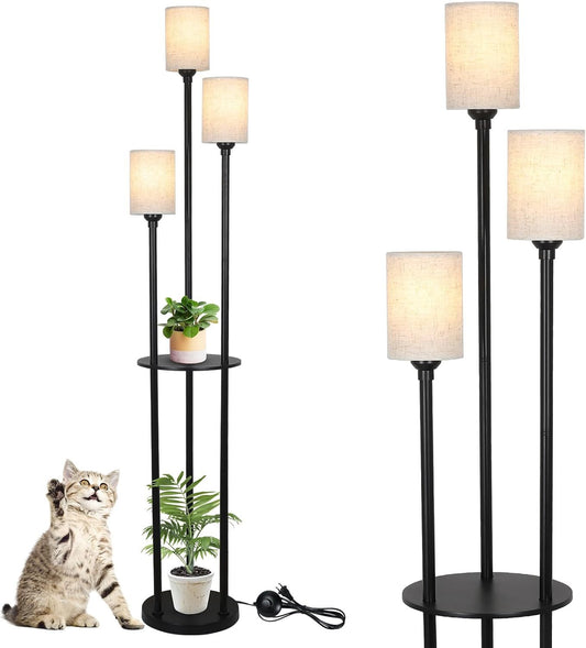 Floor Lamp with Shelves, Modern Floor Lamps for Living Room, 3-Lights Standing Lamp with Linen Shade and Foot Switch, Industrial Standing Lamps for Bedroom, Black Tall Table Lamp for Office