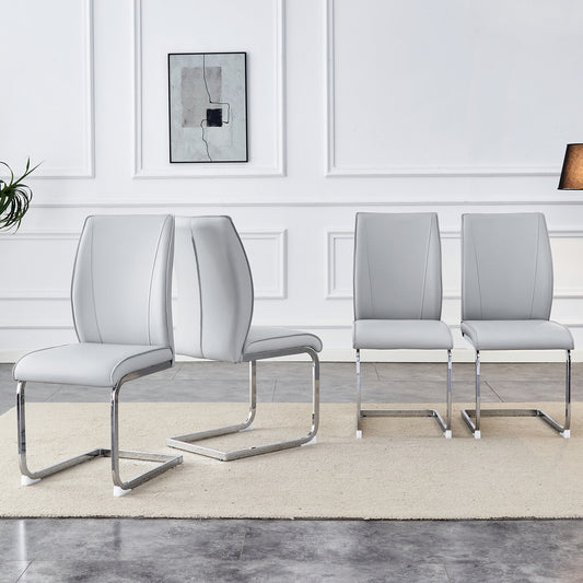 Luxury Simple Arch Chair - Set of 4 Light Gray PU Material High Resilience Dining Chair with Arched Metal Silver Leg.