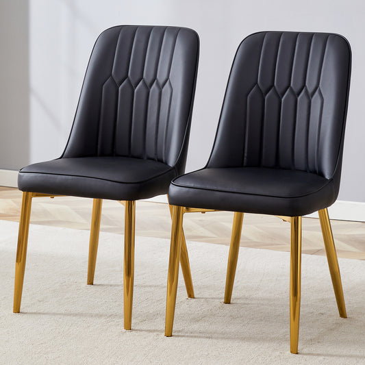 2 modern dining chairs, sleek PU leather backrest, and gold metal legs bring a comfortable home experience to the kitchen, bedroom, and office.