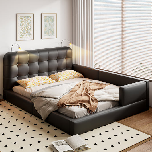 Queen Size Upholstered Platform Bed with 2 Reading Lights, Black