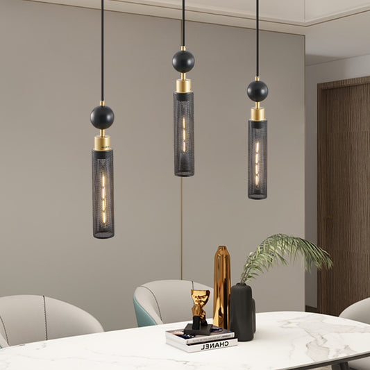 25' Modern Black and Gold 3-Light Pendant Chandelier, Adjustable Hanging Lights with Cylindrical Mesh Shades, E26 Base, Ideal for Dining Room, Kitchen Island, or Living Room Lighting (No Bulbs)