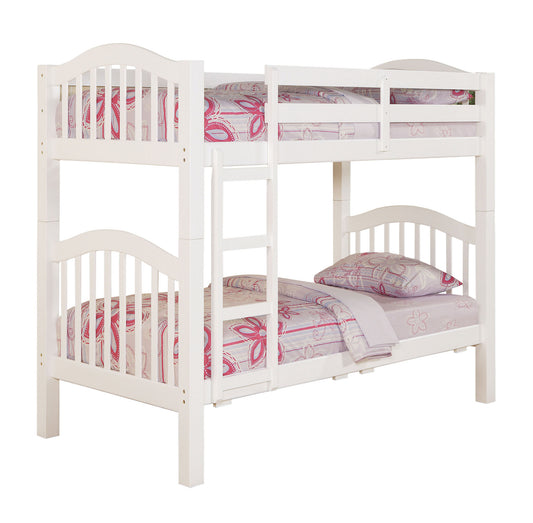 White Twin Over Twin Bunk Bed with Built-in Ladder