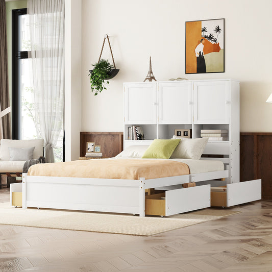 Queen Size Platform Bed with Storage Headboard and 4 Drawers, White