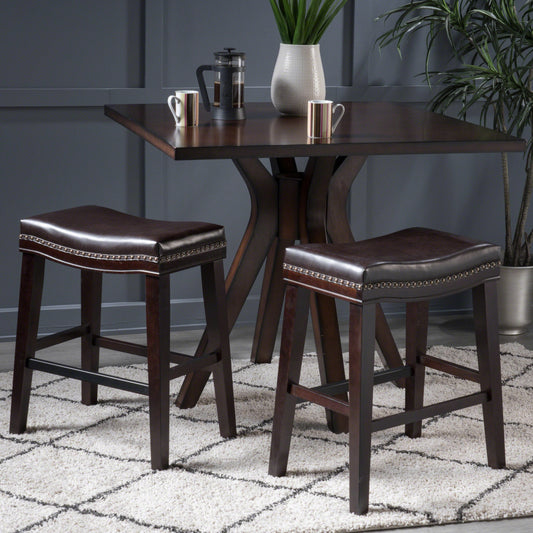 26' Contemporary Upholstered Saddle Counter Stool with Nailhead Trim (Set of 2), Dark Brown