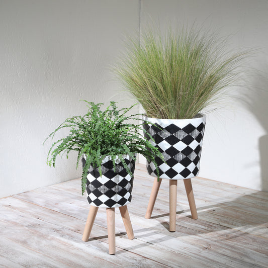 S/2 10/12' DIAMOND PLANTER W/ WOOD LEGS, BLACK(KD)