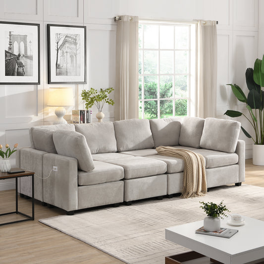 103' Sectional Sofa Couch Sofa Bed U-shaped Sofa with Two Movable Ottoman and Three USB Ports for Living Room, Grey