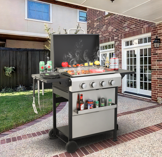 4-Burner Propane Gas BBQ Grill, SS Plancha, 49200BTU Output With Wire Enamel Cooking Grids For Outdoor Barbecue, Foldable Side Table, Hanging Basket, Stainless Steel