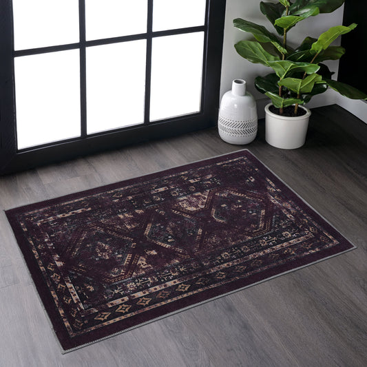 Naar 2x3 Machine Washable Area Rugs, Low-Pile, Non-Slip, Non-Shedding, Foldable, Kid & Pet Friendly, Area Rugs for living room, bedroom, kitchen, dining room rug - Perfect Gifts, (Black+Burgundy, 2x3)