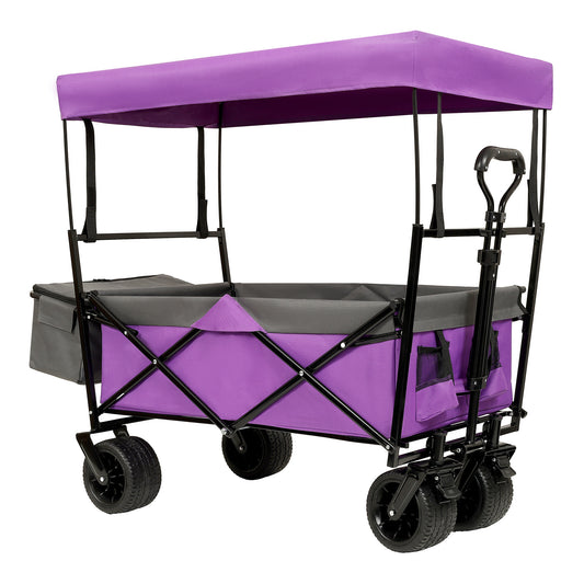 480Lbs Collapsible Wagon with Canopy,Wagon Stroller with 7' All-Terrain Wheels, Lightweight Foldable Wagon, Large Capacity for Camping, Shopping, Sports, and Garden Use,,purple with mosquito net