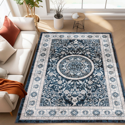 Area Rug 5x7 Vintage Bohemia Large Persian Non-slip Washable Rug For Living Room Kitchen Bedroom Living Room Flower Design Navy Blue