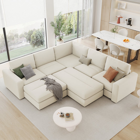 121.3' Sectional Couch Sofa Bed Modular Sofa with Two Movable Ottomans for Living Room (Old SKU:N719S001640A), Beige