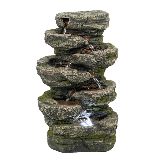 9x5x14' Indoor Gray Stone-Look Water Fountain, 7-tier Polyresin Cascading Rock Tabletop Fountain with LED Light