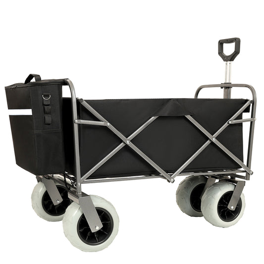 Beach Wagon with Big Wheels for Sand 500lbs capacity - All Terrain Steel Frame Utility Cart with 9' Pneumatic Tires, Collapsible Folding Design ,strap with multiuse bag ,black