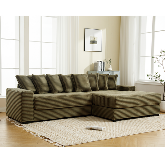 [NEW ARRIVED] [VIDEO PROVIDED] Oversized Two-Piece Couches, L Shaped Sofa, Corduroy, Right Chaise Daybed,with Armrests,Eight Throw Pillows,Corner Sofa,Easy To Assemble, Green