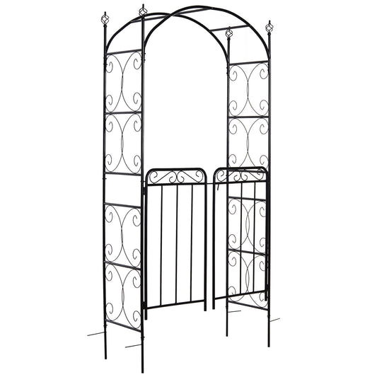 Outsunny 84' Garden Arch Arbor with Gate, Metal Arch Trellis, Garden Archway for Climbing Vines, Wedding Ceremony Decoration, Flourishes & Arrow Tips, Black