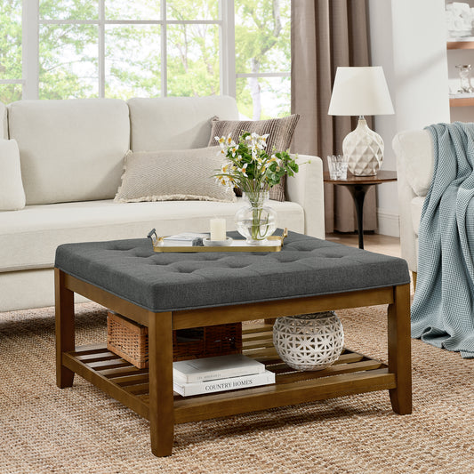 Upholstered Coffee Table Tufted Linen Large Square Ottoman with Beech Wood Shelf and Frame, Oversized Footrest Ottoman for Living Room, Dark Gray