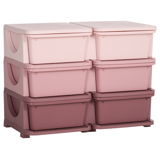 Qaba 3 Tier Kids Storage Unit, 6 Drawer Chest Toy Organizer Plastic Bins for Kids Bedroom Nursery Kindergarten Living Room for Boys Girls Toddlers, Pink