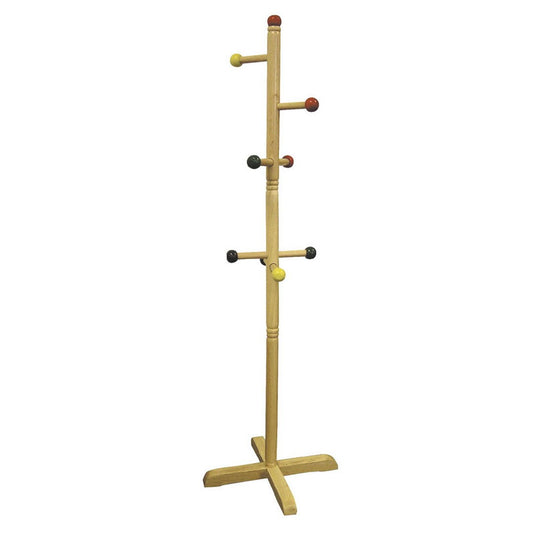 49.5' Tall Wooden Kids Standing Coat Rack, Natural Finish, 8 Colored Pegs