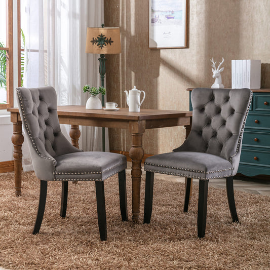 Nikki Collection Modern, High-end Tufted Solid Wood Contemporary Velvet Upholstered Dining Chair with Wood Legs Nailhead Trim 2-Pcs Set,Gray, SW2001GY