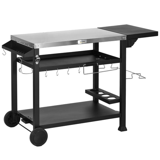 Outsunny Outdoor Grill Cart with Foldable Side Table, 46' x 21.75' Multifunctional Stainless Steel Pizza Oven Stand with Three-Shelf, Movable Food Prep Table on Wheels, Black