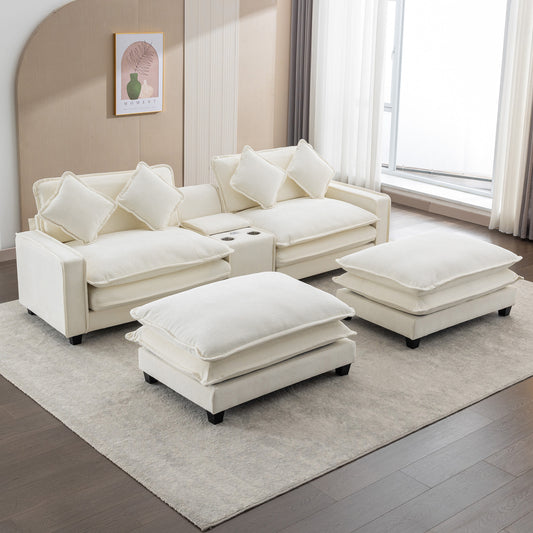 112.6' Sectional Sofa Chenille Upholstered Sofa with Two Removable Ottoman, Two USB Ports, Two Cup Holders and Large Storage Box for Living Room, Beige