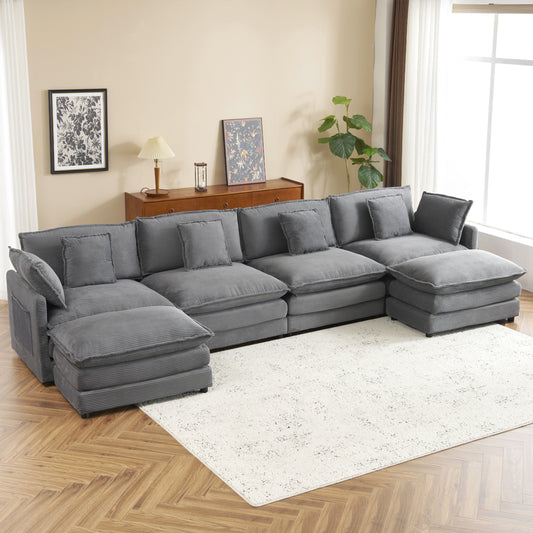 149.6' Modern Sofa Modular Sofa Couch Upholstered Corduroy L-Shape Sectional Sofa with Side Storage Pockets for Living Room, Dark Grey