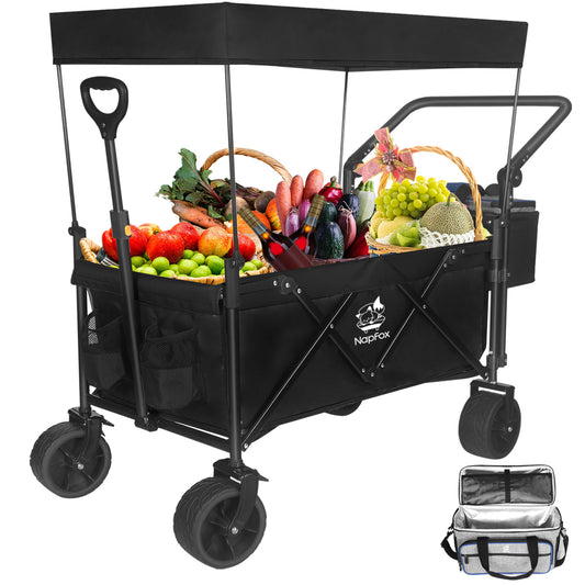 Collapsible Wagon 140L Wagons Carts Foldable with Removable Canopy, Folding Wagon Cart with Wheels for All-Terrain with Brake, Foldable Wagon with Cooler Bag, for Camping Beach Shopping