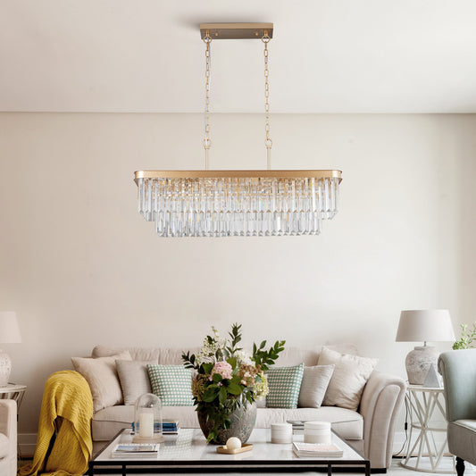 Chandeliers,Rectangular Crystal Chandelier Adjustable,E12 Modern Industrial Crystal Lights,Farmhouse Iron Ceiling Hanging Light for Kitchen Living Room Bedroom/Gold(Bulb Not Included)