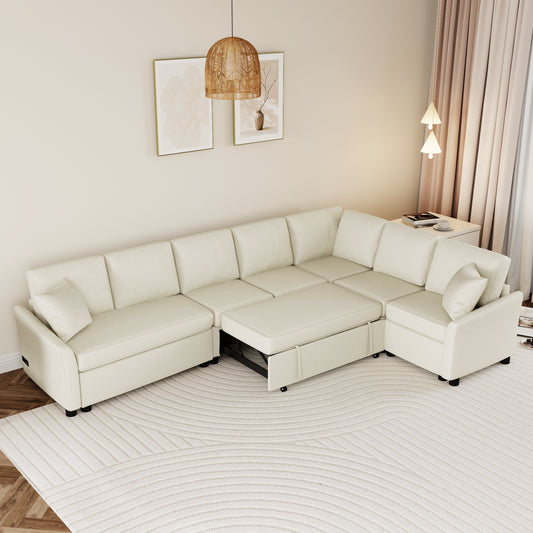 124.8'L-shaped Sofa Convertible Sofa Bed Pull Out Sofa Sleeper with Two Back Pillows, Two USB Ports and Two Power Sockets for Living Room, Beige(Old SKU:SG000890AAA)