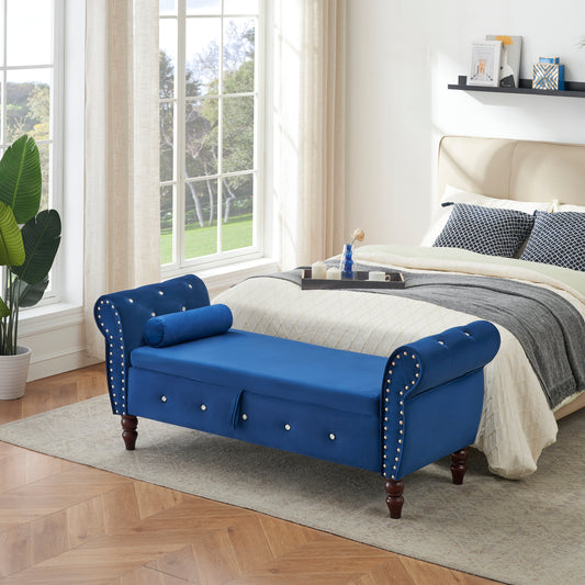 63.38'Velvet Multifunctional Storage Rectangular ottoman bench Comes with crystal buckle Solid Wood Legs with 1 Pillow,Blue