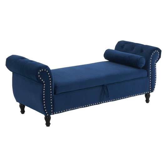 Velvet Multifunctional Storage Rectangular ottoman bench with 1 Pillow, Navy Blue