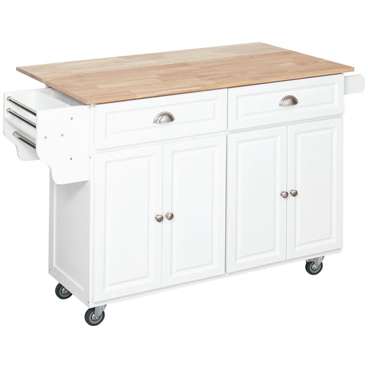 HOMCOM Rolling Kitchen Island on Wheels, Kitchen Cart with Solid Wood Drop Leaf Breakfast Bar, Storage Drawers, 4-Door Cabinets, Spice Rack, White